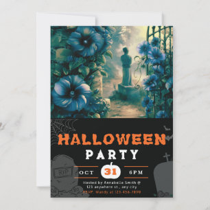Invitation Fleurs bleues d'Halloween au cimetière hanté