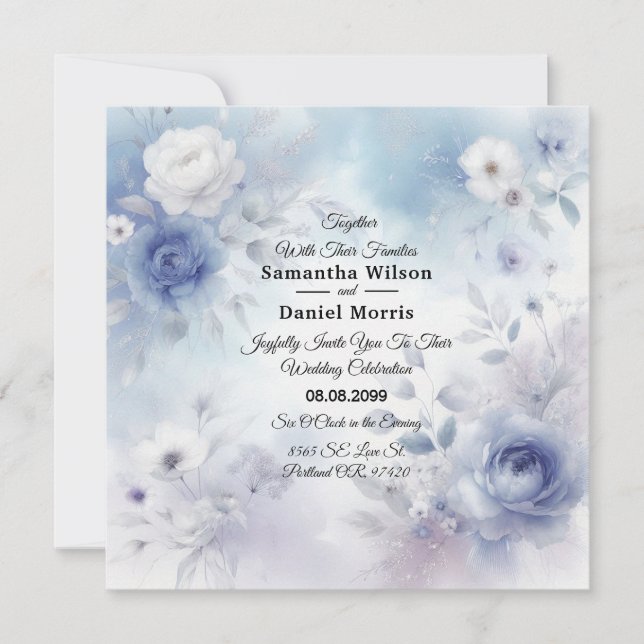Invitation Fleurs bleues douces et Mariage de purée (Devant)