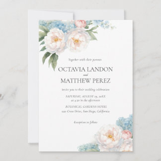 Invitation Fleurs bleues douces et roses classique PHOTO bota