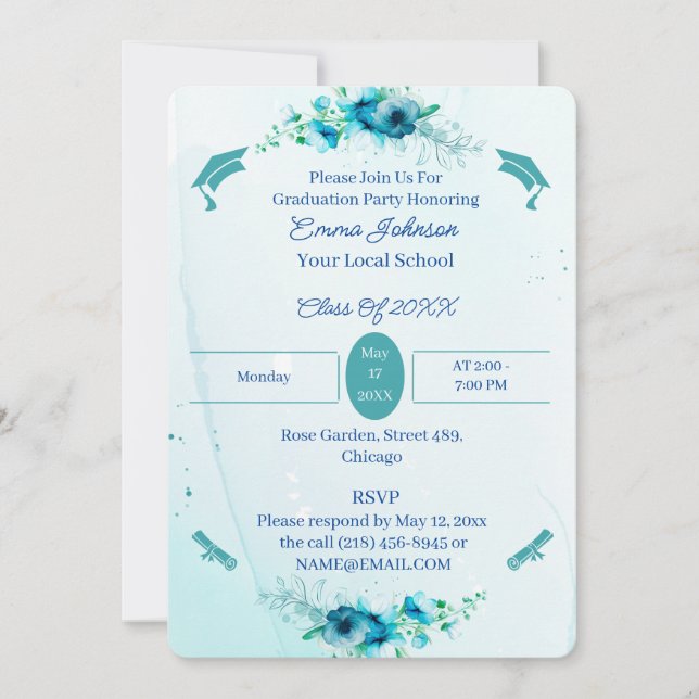 Invitation Fleurs Bleues Élégantes Diplôme Personnalisé (Devant)