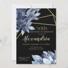 Invitation Fleurs bleues élégantes et fête d'anniversaire d'o