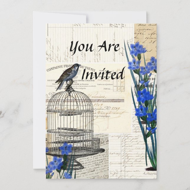 Invitation Fleurs bleues en cage d'oiseaux Vintages en frança (Devant)