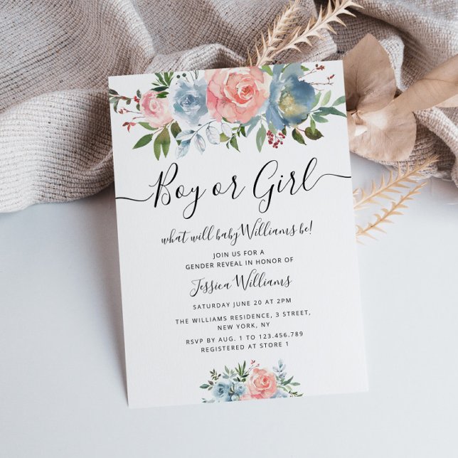 Invitation fleurs bleues et blush sexe bébé révéler (Créateur téléchargé)