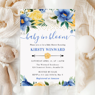 Invitation Fleurs Bleues et Jaunes à l'Aquarelle Baby Shower