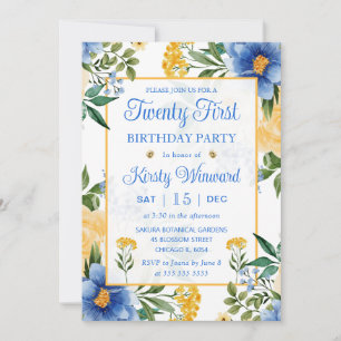 Invitation Fleurs bleues et jaunes à l'aquarelle pour 21e ann