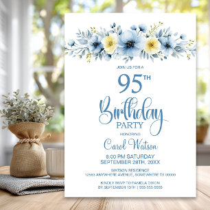 Invitation Fleurs bleues et jaunes à l'aquarelle pour 95e ann