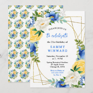 Invitation Fleurs bleues et jaunes avec anniversaire de feuil