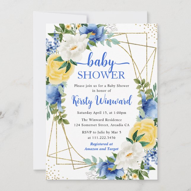 Invitation Fleurs bleues et jaunes et Baby shower cadre or (Devant)