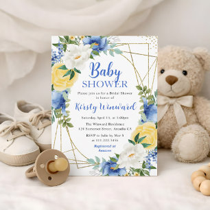 Invitation Fleurs bleues et jaunes et Baby shower cadre or