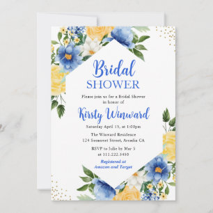Invitation Fleurs bleues et jaunes et cadre doré pour la douc