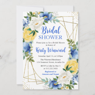 Invitation Fleurs bleues et jaunes et cadre doré pour la douc