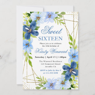 Invitation Fleurs bleues et marine Cadre doré Sweet 16