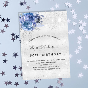 Invitation Fleurs bleues et paillettes argentées glamour pour