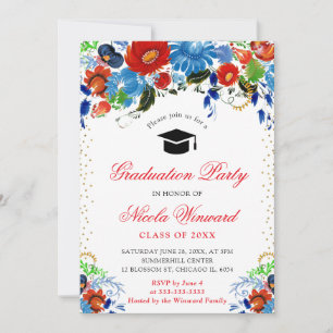 Invitation Fleurs bleues et rouges à l'aquarelle pour la remi