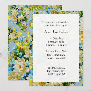 Invitation Fleurs bleues, Fleurs blanches, Anniversaire Flora