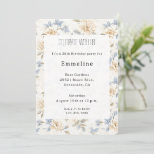 Invitation Fleurs Bleues Florales Crème Romantique Anniversai