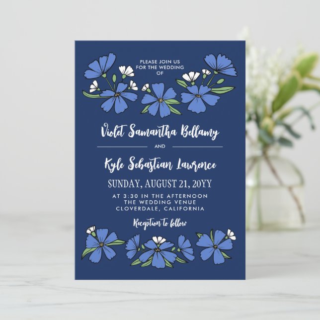 Invitation Fleurs bleues folksy Mariage (Debout devant)