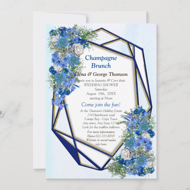 Invitation Fleurs bleues géométriques Gold-Navy Couple Douche (Devant)