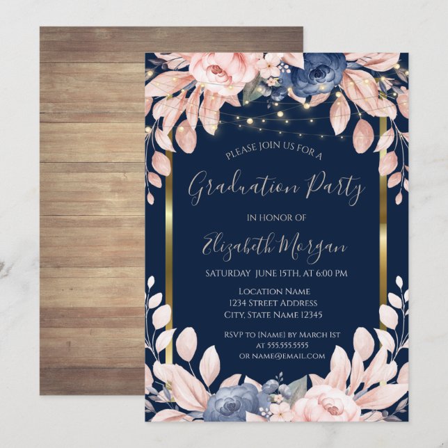 Invitation Fleurs Bleues, Lumières, Bois, Fête de Graduation (Devant / Derrière)