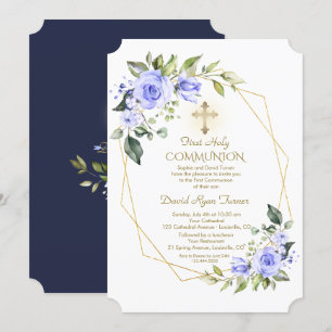 Invitation Fleurs Bleues Luxe Cadre Or Sainte Communion
