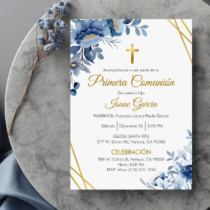 Invitation Fleurs bleues mignonnes Première communion en espa