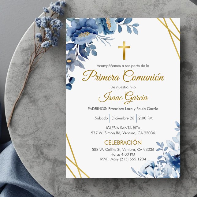Invitation Fleurs bleues mignonnes Première communion en espa (Créateur téléchargé)
