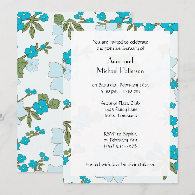 Invitation Fleurs Bleues, Motif Floral, Anniversaire (Devant / Derrière)
