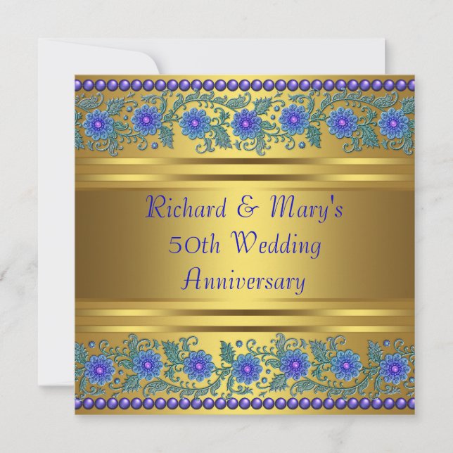 Invitation Fleurs Bleues Or 50e Anniversaire de Mariage (Devant)