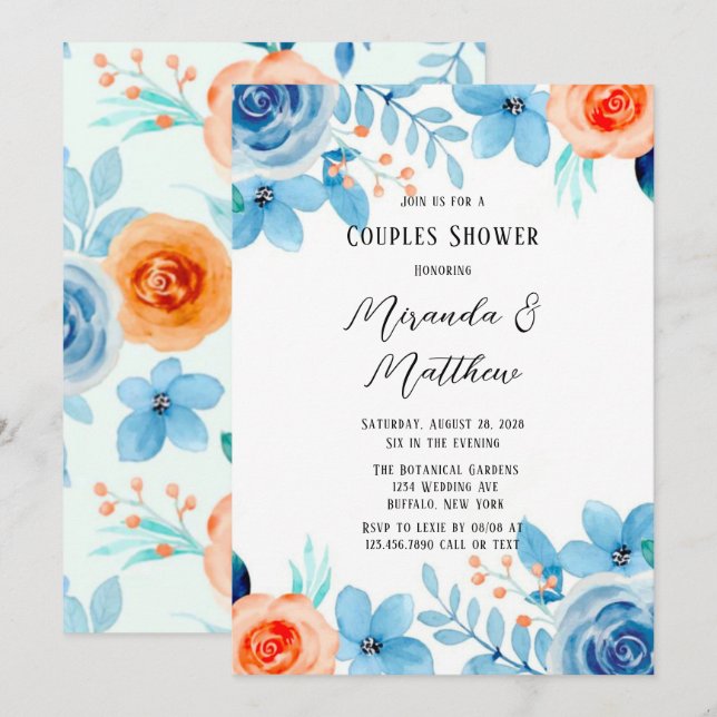 Invitation Fleurs bleues oranges de printemps pour la douche  (Devant / Derrière)