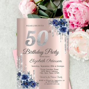Invitation Fleurs Bleues Paillettes Gouttes Rose Gold 50e Ann