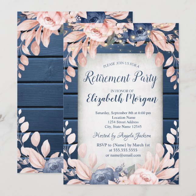 Invitation Fleurs bleues Parti de retraite en bois (Devant / Derrière)