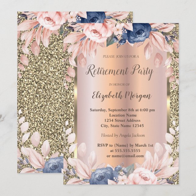 Invitation Fleurs bleues Parties scintillant or Rose or retra (Devant / Derrière)