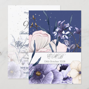 Invitation Fleurs bleues pour 90e anniversaire, argent élégan