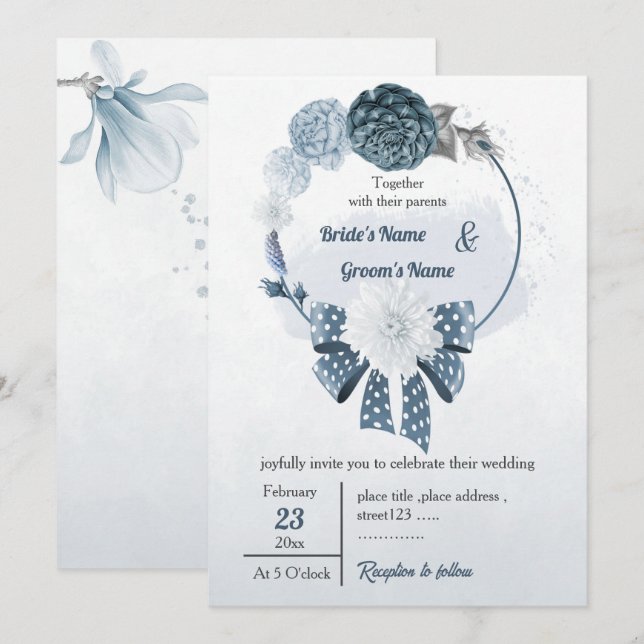 Invitation fleurs bleues poussiéreuses et ruban mariage à cou (Devant / Derrière)
