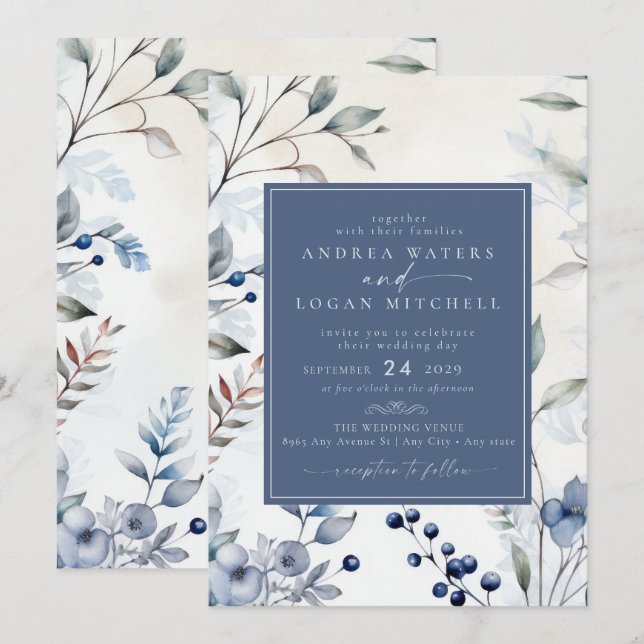 Invitation Fleurs bleues poussiéreuses | Mariage élégant dans (Devant / Derrière)
