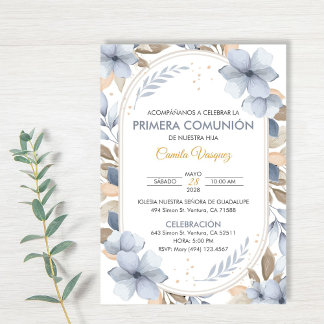 Invitation Fleurs bleues première communion en espagnol catho