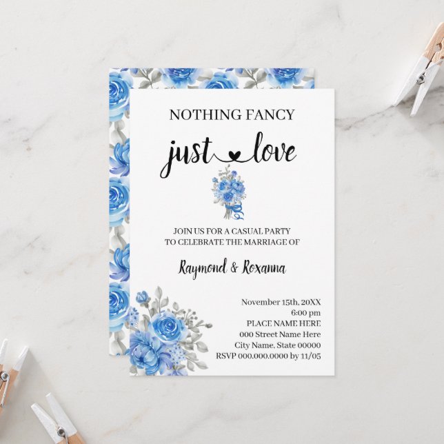Invitation Fleurs Bleues Rien de fantaisie juste Amour Elopem (Devant/Arrière en situation)