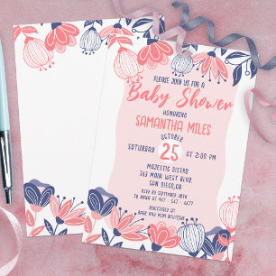 Invitation Fleurs Bleues Rose Cute Baby shower Botanique
