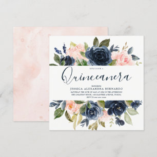 Invitation Fleurs bleues rose et marine Quinceanera