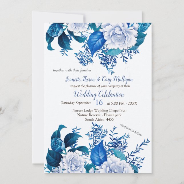 Invitation Fleurs Bleues Roses Blanches sur Cristal Blanc (Devant)
