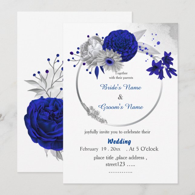 Invitation fleurs bleues royales argent fleurs florales maria (Devant / Derrière)