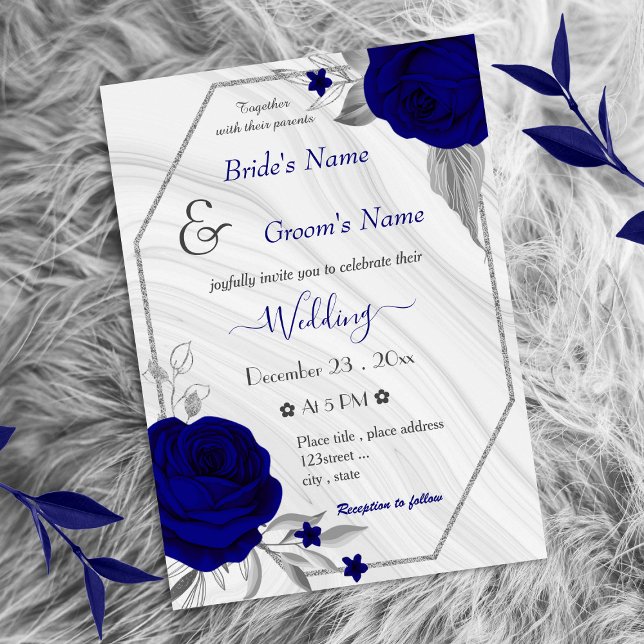 Invitation fleurs bleues royales argent mariage géométrique (Créateur téléchargé)