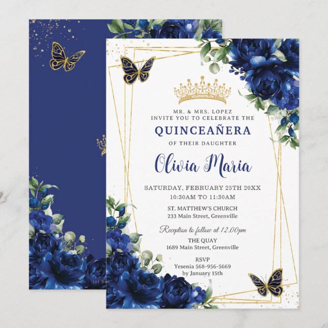 Invitation Fleurs bleues royales Floral Quinceañera Papillons (Devant / Derrière)