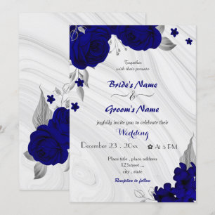 Invitation fleurs bleues royales gris argenté mariage