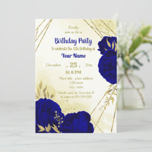 Invitation Fleurs bleues royales or feuilles anniversaire