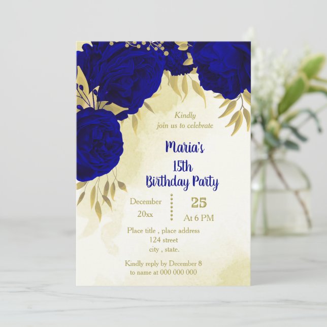 Invitation Fleurs bleues royales or feuilles anniversaire (Debout devant)