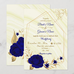 Invitation fleurs bleues royales or géométrique mariage invit