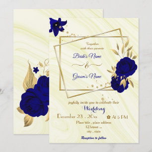 Invitation fleurs bleues royales or mariage géométrique