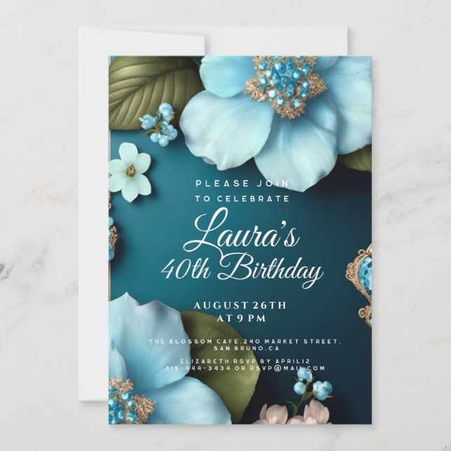 Invitation Fleurs bleues vert feuille or parties scintillant  (Devant)