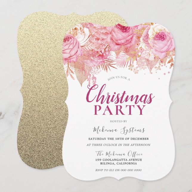 Invitation Fleurs Blush & Gold Office Fête de Noël de famille (Devant / Derrière)
